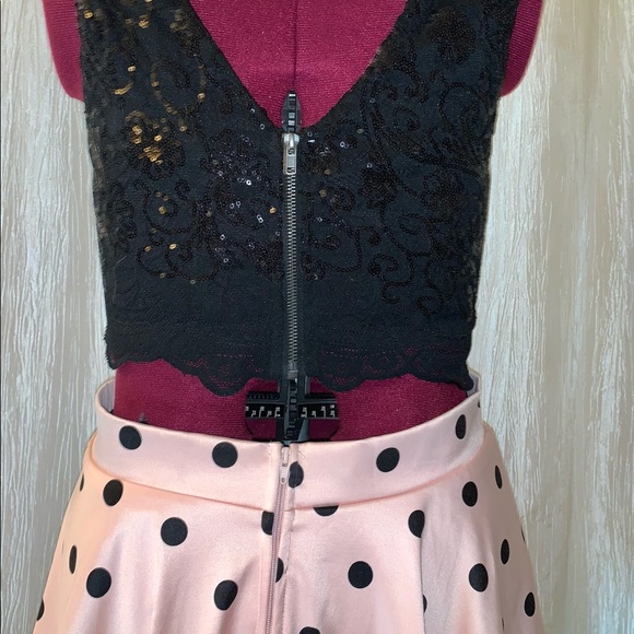 Two Piece Party Dress Black Sequins Crop Top with Pink Polkadots & Tool Skirt - Picture 4 of 7
